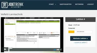 Lektion VeReVi-Lerntechnik in der JoeTrenk Academy mit Video, Fortschrittsanzeige und Button zur nächsten Lektion