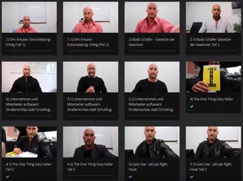 Videoübersicht im Life Building Buchclub mit Buchzusammenfassungen wie Die Gesetze der Gewinner und The One Thing