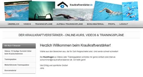Mitgliederbereich des Kraulkraftverstärkers mit Videos, Trainingsplänen und Bonusmaterial