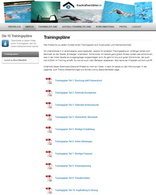 Übersicht der Trainingspläne als PDF im Mitgliederbereich des Kraulkraftverstärkers