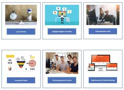 Modulübersicht der Life Changer World mit Launch Power, Digitale Ratgeber Produkte, VSL Abc, Conversion Hack und Email Marketing