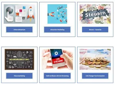 Modulübersicht der Life Changer World mit Unternehmertum, Attraction Marketing, Steuern, Neuromarketing und Live Streaming