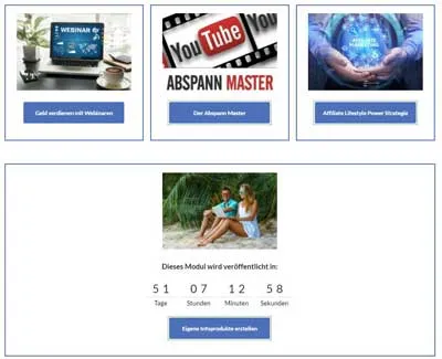 Module zu Webinaren, Abspann Master und Affiliate Lifestyle Power Strategie im Mitgliederbereich der Life Changer World