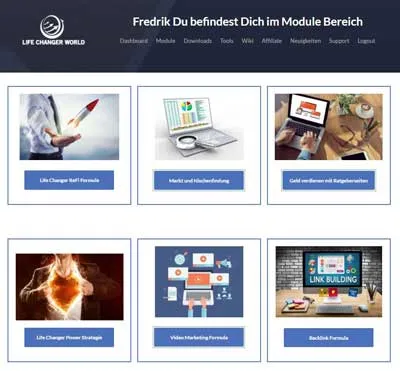 Modulübersicht im Mitgliederbereich der Life Changer World mit Refi Formula, Markt- und Nischenfindung und Ratgeberseiten