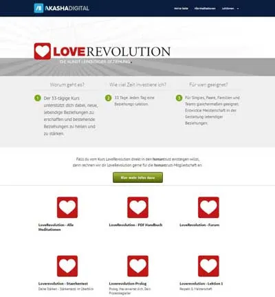 Übersichtsseite des Love Revolution Kurses von Veit Lindau mit Menüpunkten zu Meditationen, PDF Handbuch und Forum