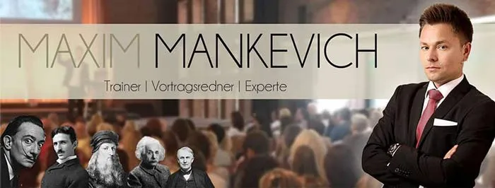 Banner von Maxim Mankevich, Trainer, Vortragsredner und Experte, vor Seminarpublikum