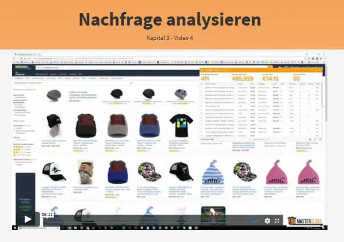 Video Nachfrage analysieren aus Kapitel 3 der FBA Masterclass mit Amazon-Suchergebnissen für Mützen