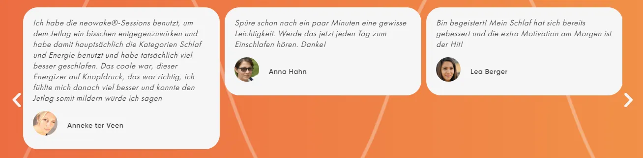 Screenshot von drei Neowake-Testimonials über mehr Energie, Motivation am Morgen und erholsamen Schlaf