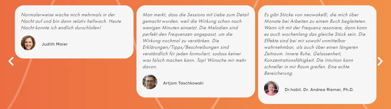 Screenshot von drei Neowake-Kundenstimmen, u. a. über besseren Schlaf und schnell spürbare Wirkung der Sessions