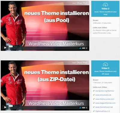 Videos zum Installieren eines neuen Themes aus dem Pool und aus einer ZIP-Datei im WordPress-Video Masterkurs