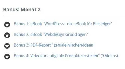 Liste der Bonusinhalte von Monat 2 in der Akademie Geldmaschine Internet mit eBooks, Report und Videokurs