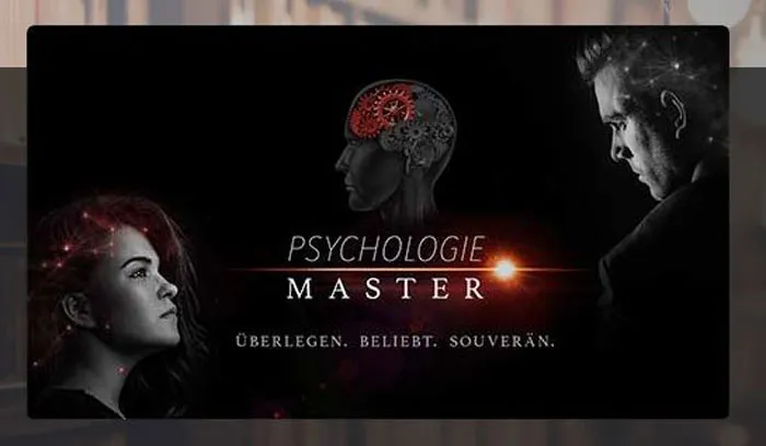Titelgrafik des Psychologie Master Kurses von Maxim Mankevich mit dem Slogan Überlegen. Beliebt. Souverän.