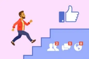 Illustration einer Figur, die Stufen mit Facebook Symbolen hinaufläuft, zu den ersten Schritten auf Facebook