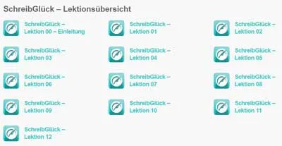 Lektionsübersicht im Schreibkurs Schreibglück mit Lektion 00 bis 12