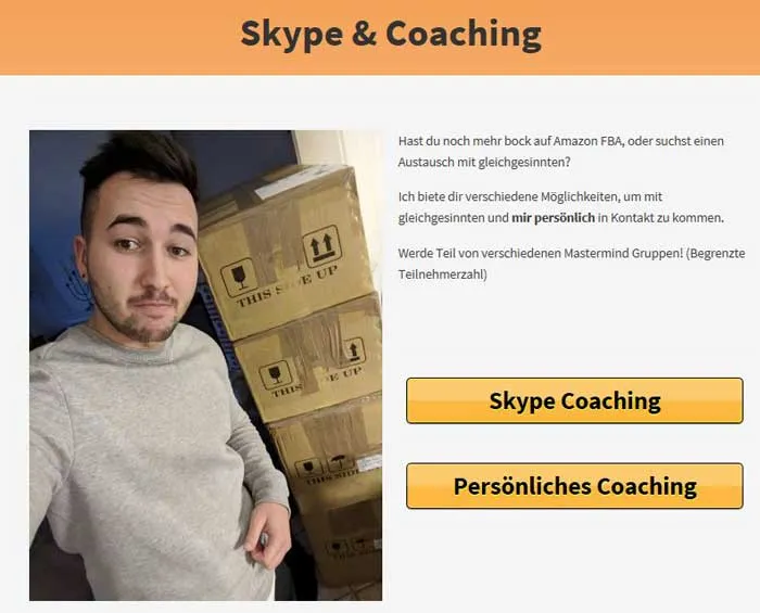 Bereich Skype & Coaching der FBA Masterclass mit Sandro van Eykels vor Kartons und Buttons zum Coaching