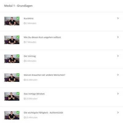 Lektionen aus Modul 1 Grundlagen im Social Mastery Kurs von Alexander Wahler