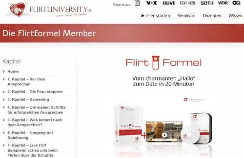 Startseite des Flirtformel Mitgliederbereichs der Flirtuniversity mit Kapitelliste in der Seitenleiste