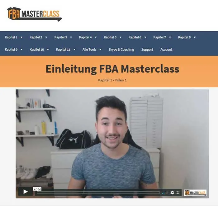 Startseite der FBA Masterclass mit Kapitelnavigation und dem Einleitungsvideo von Sandro van Eykels