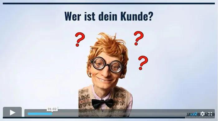 Videolektion der Wunschkunden Formel mit der Frage „Wer ist dein Kunde?“ und einer Comicfigur