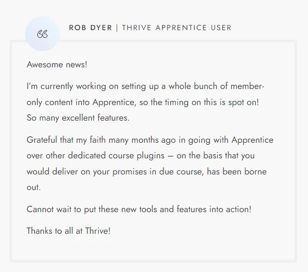 Testimonial von Rob Dyer, Thrive Apprentice User, über die neuen Funktionen für Mitgliederinhalte