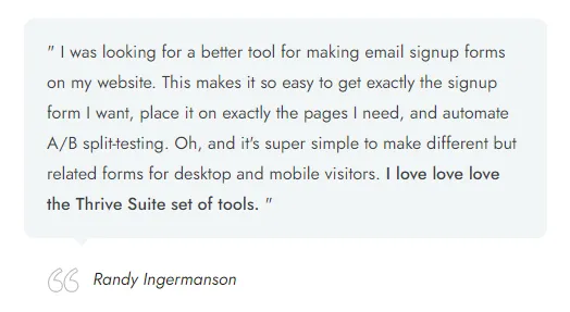 Thrive Leads Testimonial von Randy Ingermanson über einfache E-Mail-Formulare und automatische A/B-Splittests
