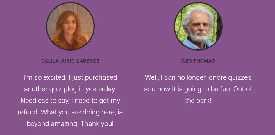 Testimonials von Dalila Jusic-Laberge und Wes Thomas, die begeistert vom Thrive Quiz Builder sind