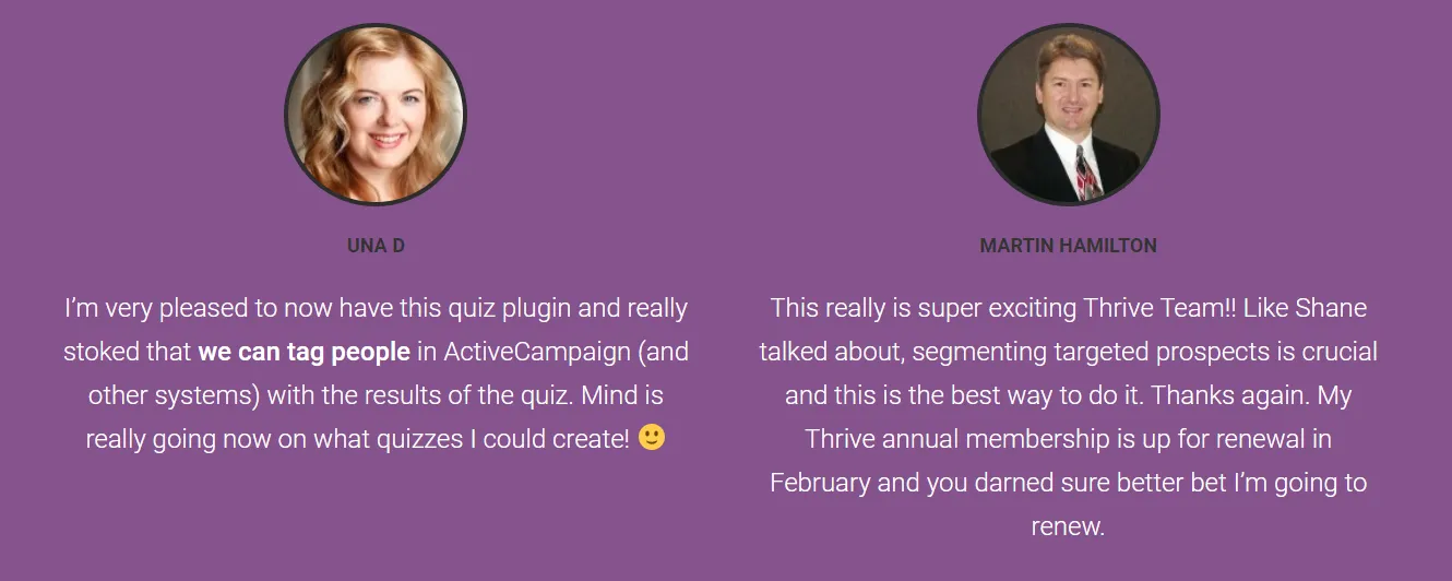Testimonials von Lina D und Martin Hamilton zum Thrive Quiz Builder und dem Taggen von Leads nach Quiz-Ergebnissen