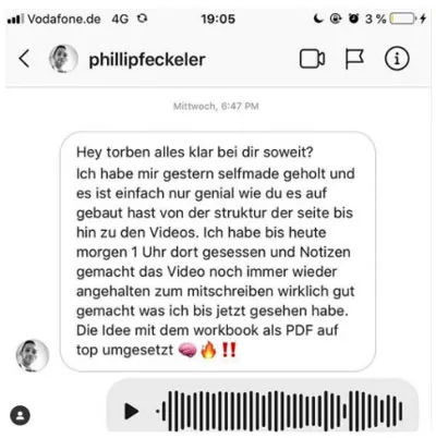 Screenshot einer Instagram-Nachricht, in der ein Kunde die Struktur und das Workbook von Selfmade lobt