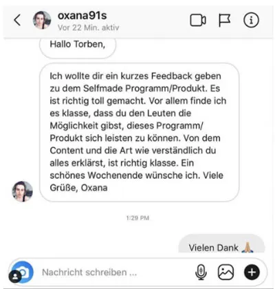 Screenshot einer Instagram-Nachricht von Oxana mit positivem Feedback zum Selfmade Programm von Torben Platzer