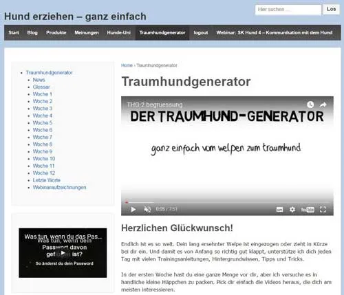 Mitgliederbereich des Traumhundgenerator mit Wochenübersicht und Begrüßungsvideo