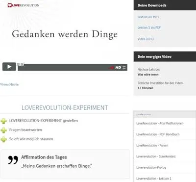 Lektionsseite Gedanken werden Dinge im Love Revolution Kurs mit Video, Downloads und Seitenleiste