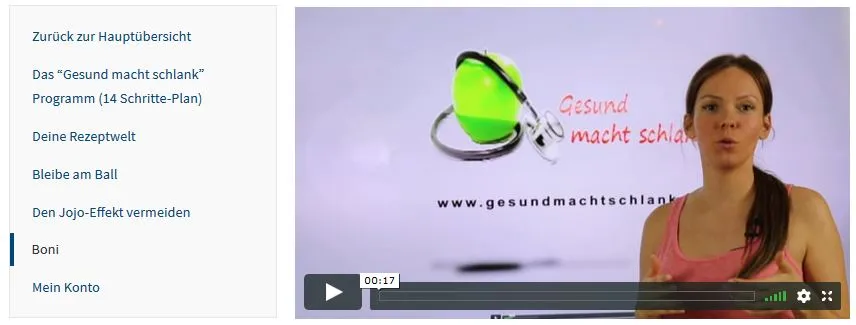 Kursautorin Lilli im Video des Gesund macht schlank Programms neben dem Kursmenü