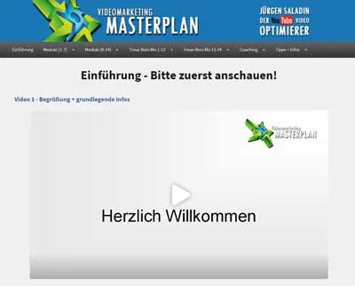 Mitgliederbereich des Videomarketing Masterplan mit dem Einführungsvideo Herzlich Willkommen