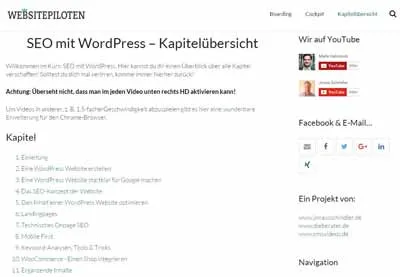Kapitelübersicht des WordPress SEO Kurses Websitepiloten mit allen Modulen