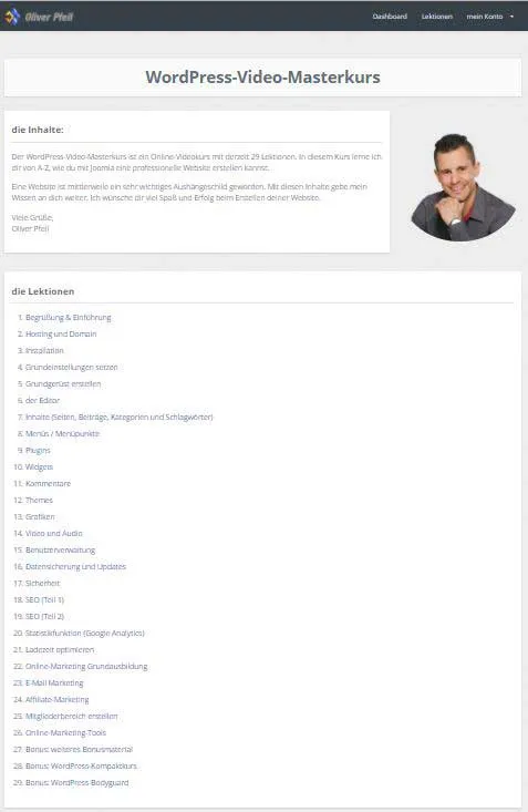 Lektionsübersicht mit 29 Lektionen im Mitgliederbereich des WordPress-Video Masterkurs von Oliver Pfeil