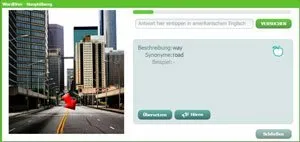 Vokabelübung im WordDive Abikurs mit Bild, Eingabefeld und Hören-Button