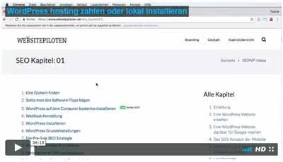 Video zur WordPress Installation im Wordpress Kurs der Websitepiloten mit Kapitelliste