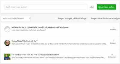 Frage und Antwort Sektion im YouTube Kurs mit Fragen von Teilnehmern, die Youtuber werden wollen