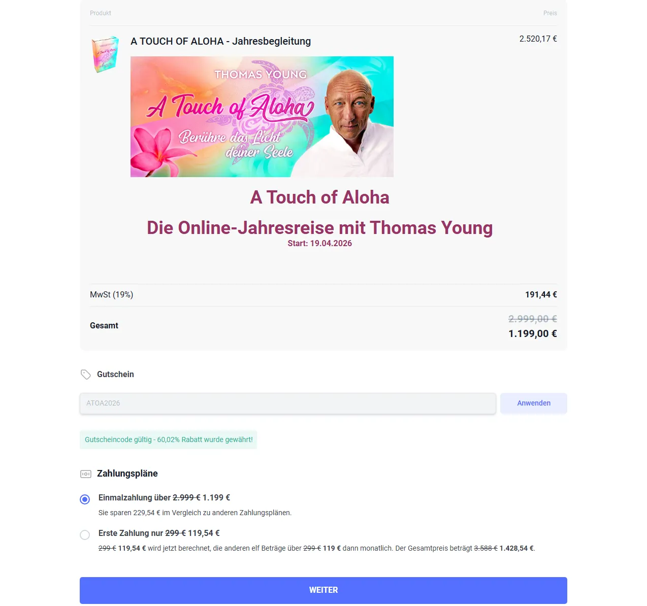 Bestellformular von A Touch of Aloha mit Gutscheincode, Gesamtpreis 1.199 Euro und Zahlungsplan mit erster Zahlung 119,54 Euro