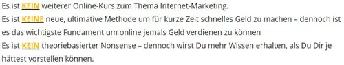 Ausschnitt der Verkaufsseite: Es ist KEIN weiterer Online-Kurs, KEINE ultimative Methode und KEIN theoriebasierter Nonsense