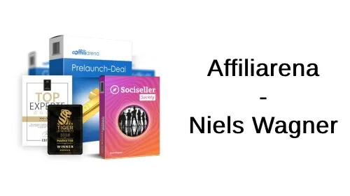 Kursboxen des Affiliarena Prelaunch-Deals mit Sociseller-Bonus neben dem Schriftzug Affiliarena – Niels Wagner