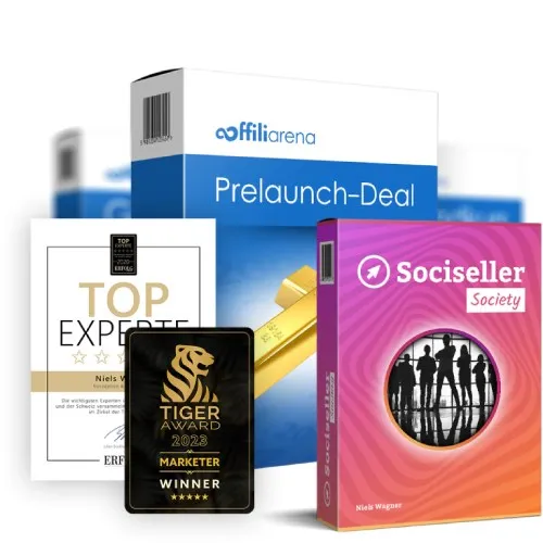 Kursbox des Affiliarena Prelaunch-Deals mit Top-Experte-Urkunde, Tiger Award und Sociseller-Society-Box