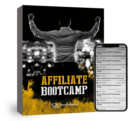 Kursbox des Affiliate-Bootcamps von Dawid Przybylski mit Smartphone voller Verkaufsbenachrichtigungen