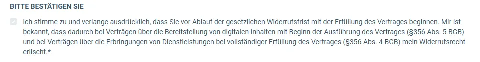 Pflicht-Häkchen im Bestellformular von Affiliate Helden zum Beginn vor Ablauf der Widerrufsfrist