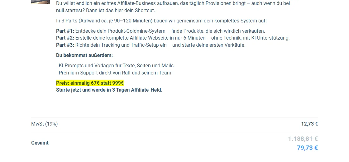 Bestellformular von Affiliate Helden mit Mehrwertsteuer 12,73 Euro und Gesamtbetrag 79,73 Euro