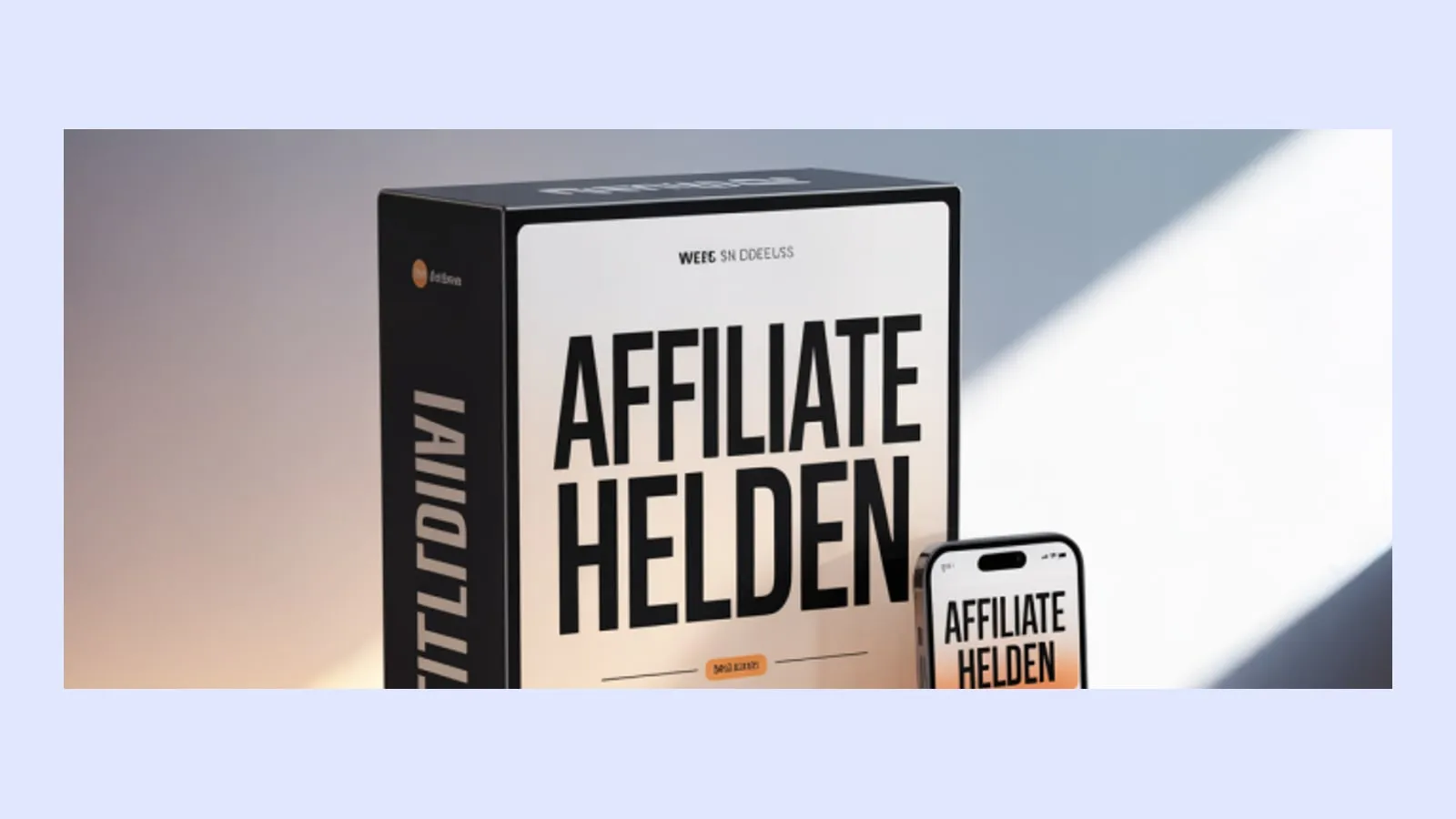 Kursbox und Smartphone mit dem Schriftzug Affiliate Helden in Schwarz auf hellem Grund