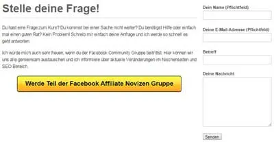 Support-Formular Stelle deine Frage im Affiliate Novizen Kurs mit Button zur Facebook Gruppe