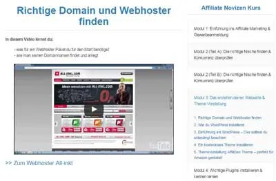 Video zur Wahl von Domain und Webhoster im Affiliate Novizen Kurs mit Modulübersicht
