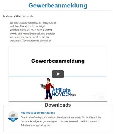 Lektion Gewerbeanmeldung im Affiliate Novizen Kurs mit Video und Downloads