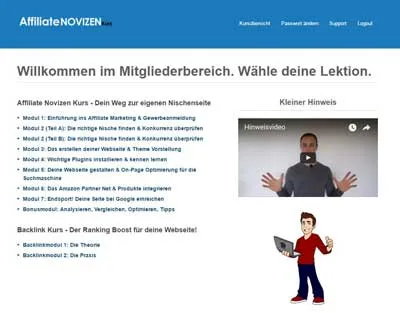 Mitgliederbereich des Affiliate Novizen Kurs mit Übersicht der Module und dem Backlink Kurs